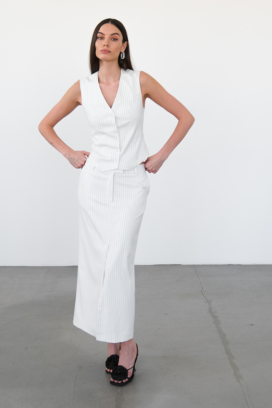  Юбка миди в полоску молочная