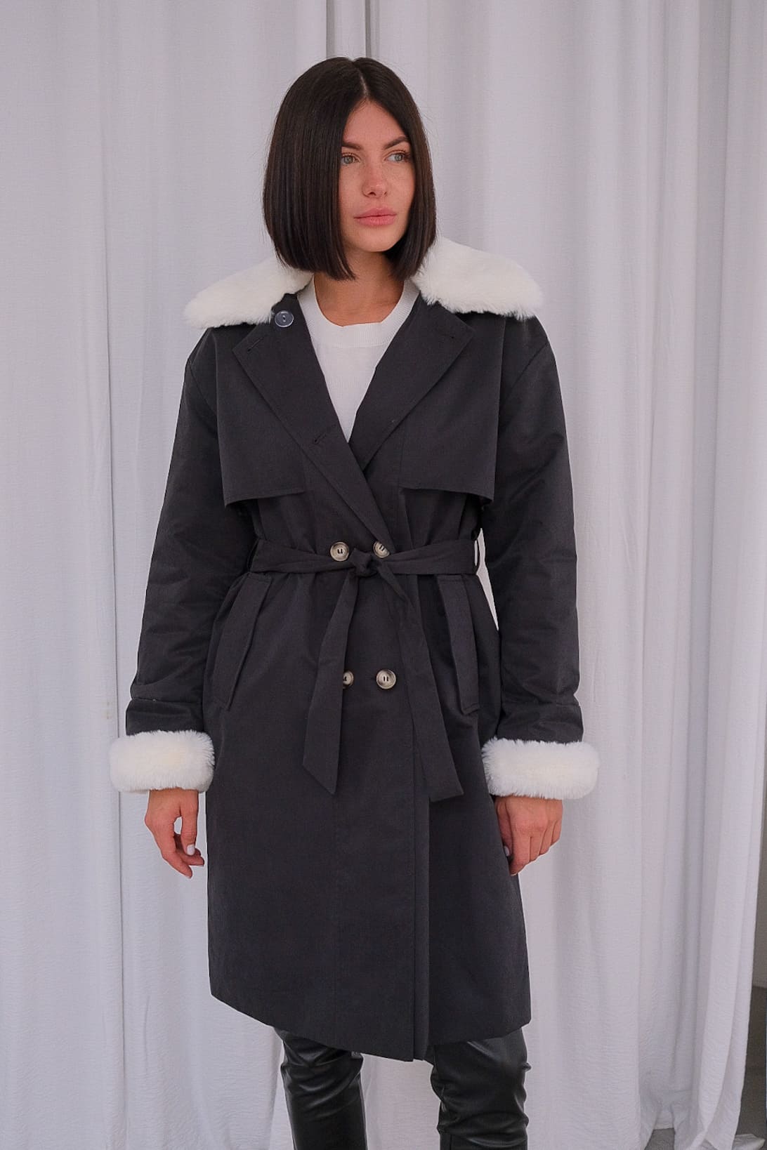 Пальто утепленное с мехом черное