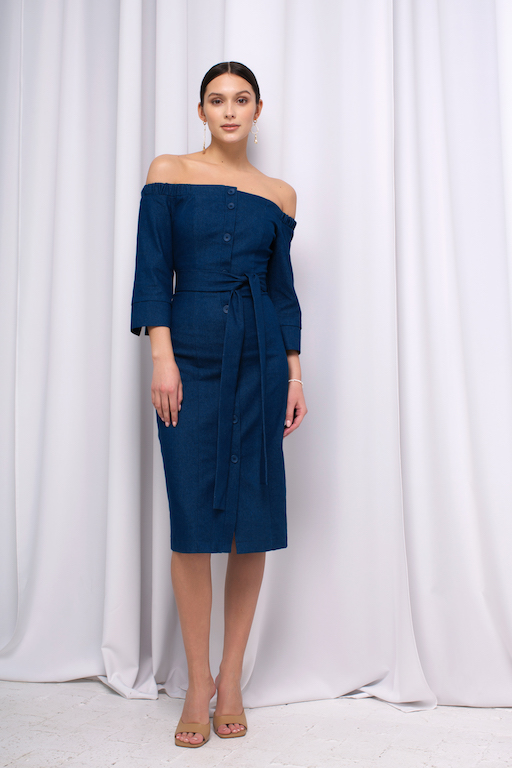 Платье миди с открытыми плечами деним