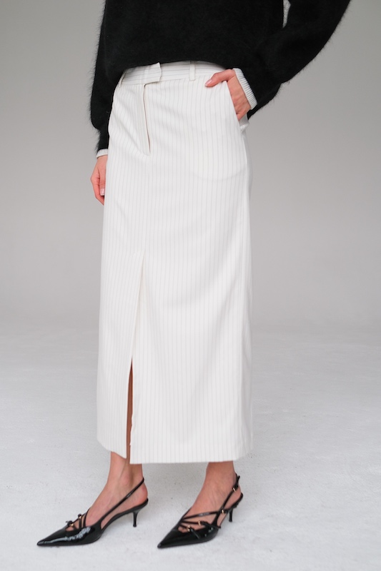  Юбка миди в полоску молочная