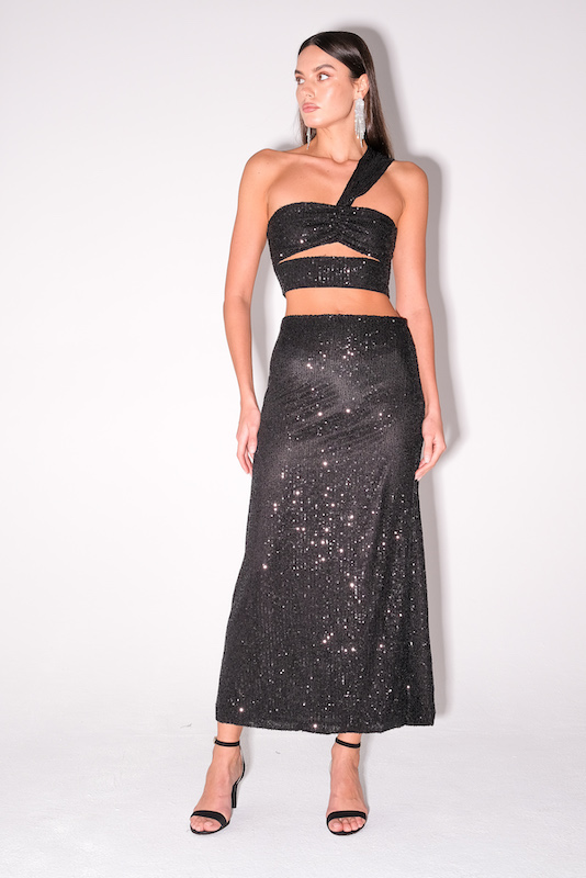  Юбка пайетки черная макси