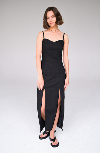 Платье черный лен с разрезами