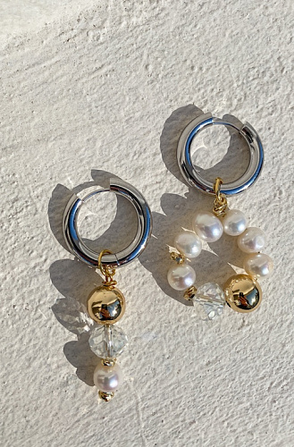 Серьги с круглым жемчугом и золотистыми камнями